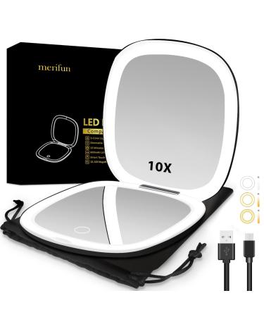 Lighted Compact Mirror  2-Sided 1X/10X Lighted Magnifying Mirror Rechargeable- 56 LEDs  3 Colors & Brightness Adjustable  4 Portable Mirror (Black)