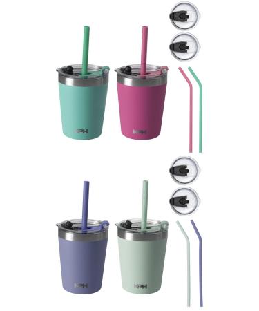 Klickpick Home Kids Cups Set - 8.5 Ounce Children Tumbler with straws And Lids Stackable Stainless Steel Toddler Baby Straw Cup Powder Coated Insulated Tumblers (Pink Teal Purple Green)