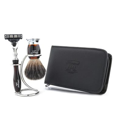 Shaving set for men gift set with 3 razors and brush holder made of pure leather