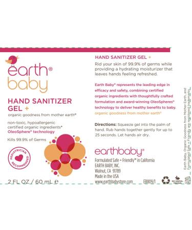 Earth Baby Hand Sanitizer Gel 62% Organic Ethyl Alcohol | Moisturizing Oleospheres | FDA Regulated | Natural Hypoallergenic | Kills 99.9% Germs | 2 Fl Oz - Buy Online on GoSupps.com