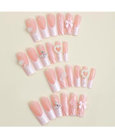 24 Pcs Long Square Press on Nails - French Tip Fake Nails with 3D Rhinestone - Sweet Pink Full Cover Acrylic Nail Tips for Women & Men - Stunning Manicure Decorations - Buy Online on GoSupps.com