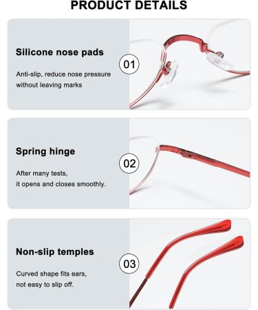 Abetos Half Frame Reading Glasses for Men & Women - Stylish Metal Fashion Light Narrow Design Red 2.0x Lens - Perfect Reading Aid - Buy Online on GoSupps.com