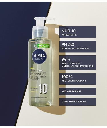 Nivea Men Sensitive Pro Minimalist Washing Gel 200ml - Gentle Face & Beard Wash with 10 Ingredients pH 5.0 - Buy Online on GoSupps.com