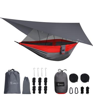 COMMOUDS Double Camping Hammock with Mosquito Net, Rain Fly, and Tree Straps - Portable 2 Person Nylon Parachute Hammock Tent for Backpacking, Travel, and Hiking - Grey - Buy Online on GoSupps.com