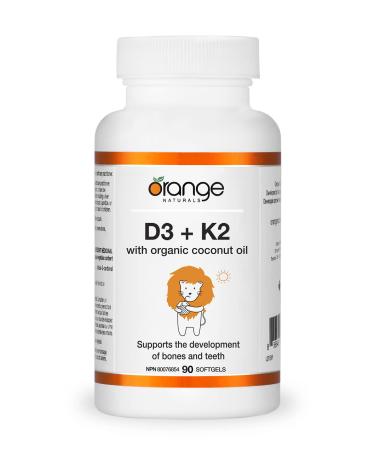 Orange Naturals - Vitamin D3+K2-90 Softgels - With Organic Coconut Oil - Support Bone & Teeth Health Reduce Osteoporosis Maintain Muscle Enhanced Absorption & Prevent D Deficiency Cholecalciferol 90 count (Pack of 1)