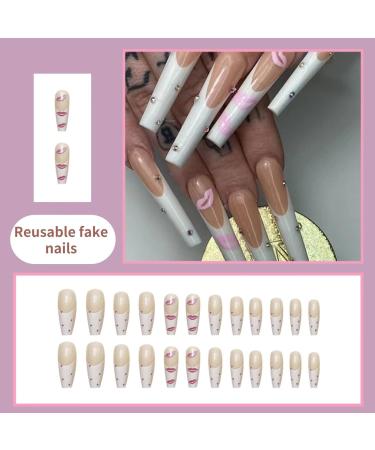Runrayay Long Artificial Nails - Press-On Acrylic Tips in White Pink & Nude | Ballet-French Style with Nail Stones for Women & Girls - Buy Online on GoSupps.com