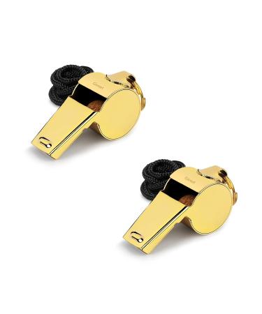 Giveet Metal Whistle with Lanyard, Stainless Steel and Durable, Extra Loud Referee Coach Whistles for Football, Basketball, Soccer, School, Lifeguard Emergency (Gold) 2PCS-Gold