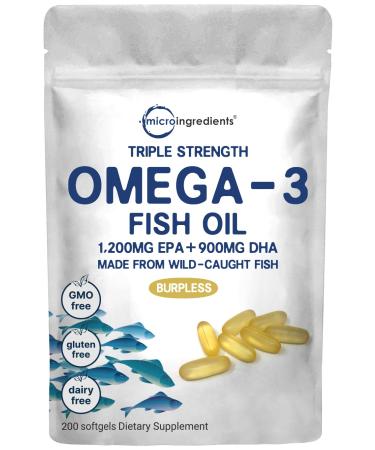 Triple Strength Omega 3 Fish Oil Supplements Fish Oil Burpless Enteric-Coated Technology 3000mg Per Serving 200 Softgels EPA 1200mg  DHA 900mg Deep Ocean Fish Wild Caught from Norwegian Sea 200 Count (Pack of 1)