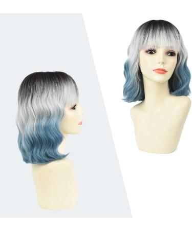 Yamel Wavy Bob Wig with Bangs - Natural Ombre Silver Blue Synthetic Hair Shoulder Length Short Curly Wig for Women - Buy Online on GoSupps.com