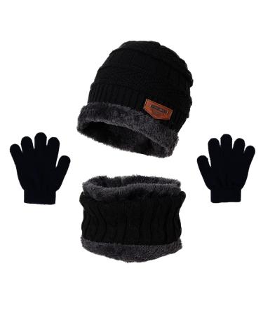 4PCS Winter Warm Scarf Thick Knitted Hat Touchscreen Gloves Set for Kids Black Large