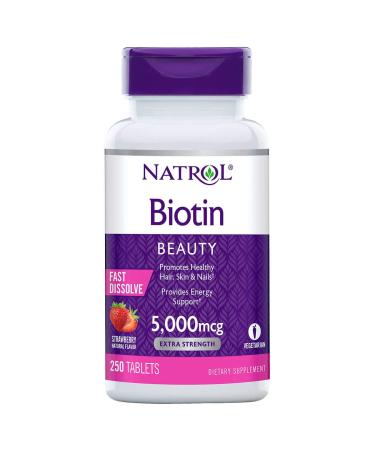 Natrol Biotin 5000 mcg, Strawberry Flavor, Fast Dissolve Tablets, Extra Strength, 250 Count