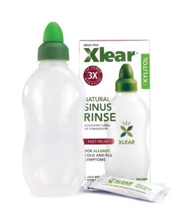 Xlear Nasal Rinse System with Xylitol Natural Saline Neti Pot Sinus Rinse with Xylitol Fast Sinus Pressure and Congestion Relief 3 Rinse Bottles