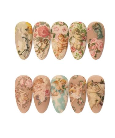 10 Sheets Vintage Angel Nail Foils for Transfer Paper Stickers Love Sliders Adhesive Nails Wraps Flower Nail Art Decorations