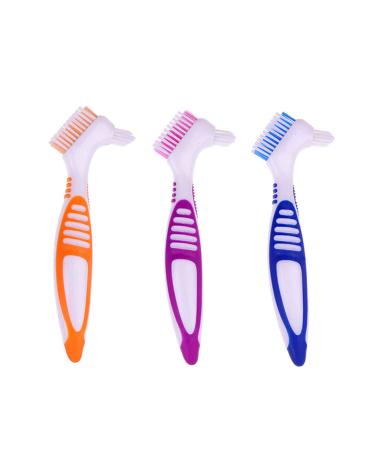 3 pieces of portable denture brush set moderately denture toothbrush cleaning brush with multi -layered bristles & ergonomic rubber reef for false teeth cleaning 3 colors