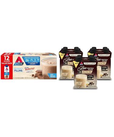 Atkins Milk Chocolate Delight Protein Shake & Iced Coffee Vanilla Latte Protein Shake 15g Protein Low Glycemic 4g Net Carb 1g Sugar Keto Friendly 3 PACK
