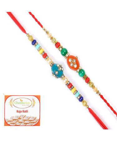 Ghasitaram Gifts Rakhi for Brother Rakhis Online - Set of 2 276 277 Fancy Rakhis with 400 GMS of Kaju katli