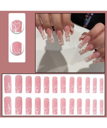 JUSTOTRY 24 Pcs Pink French Press on False Nails with Pearls - Medium Acrylic Coffin Fake Nails for Women | Ballerina Stick on Nails with Patterns and Glue for Nail Art - Buy Online on GoSupps.com