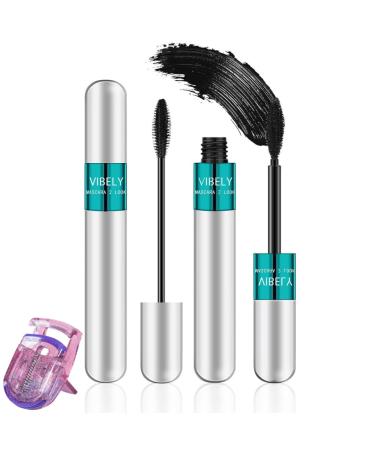 2 in 1 Mascara 5x Longer Waterproof + 1 Gift Eyelash curler Lash Cosmetics Natural Lengthening and Thickening Effect No Clumping Superstrong Magic 4d Silk Fiber for Vibely Mascara Makeup