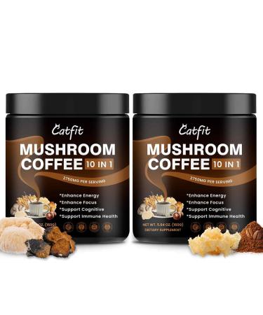 2 Pack Mushroom Coffee Powder 10 Adaptogenic Mushrooms And MCT Oil Hydrolyzed Collagen Instant Coffee with Lion's Mane Chaga L-Theanine for Energy Focus Digestion and Immunity 320G 5.64 Ounce (Pack of 2)