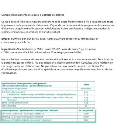 Purasana Aloe Vera Juice with Elderberry and Ginger 1 liter. Organic Aloe Vera Gel to Drink Pure or Diluted Without Pulp. Not Chemically Treated. Organic Vegan - Buy Online on GoSupps.com