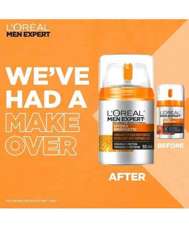 L Or al Paris Men Expert Anti Fatigue Daily Moisturizer for Men with Vitamin C & Protein 24HR Non Greasy Hydration For Dry and Dull Skin Reduces look of fine lines & dark circles Hydra Energetic 50ml Hydra Energetic Cream 48mL - Buy Online on GoSupps.com