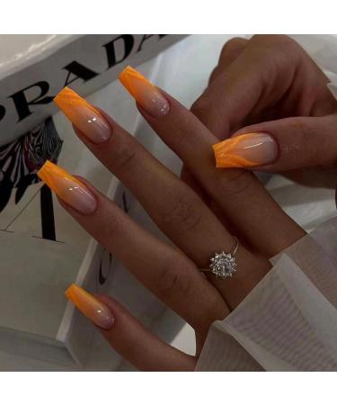 MISUD Coffin Press on Nails Long Fake Nails Glossy Glue on Nails Orange Ombre Acrylic Nails Ballerina Gradient Artificial Nails Bling Glitter Line Stick on False Nails with Design 24 pcs 019A07-2Orange