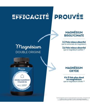 Magnesium Bisglycinate and Marin Vitamin B6 - High Dosage 300 mg - Fatigue Stress Sleep - 180 Vegetable Capsules 3 Months - High Assimilation Good Tolerance - Vegan Made in France Vitavea - Buy Online on GoSupps.com
