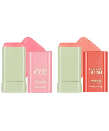 2 PCS Multi-Use Makeup Blush Stick Solid Moisturizer Stick Shadow Lips and Cheek Blusher Waterproof Peach Creamy Makeup (Pink and Orange)