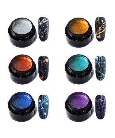 piuryue Nail Spider Gel Set Pulling Line Nails Art Silk 6 Pcs Line Painting Soak Wire Drawing Elasticity Off Design Lacquer Long Lasting DIY UV Nail Gel