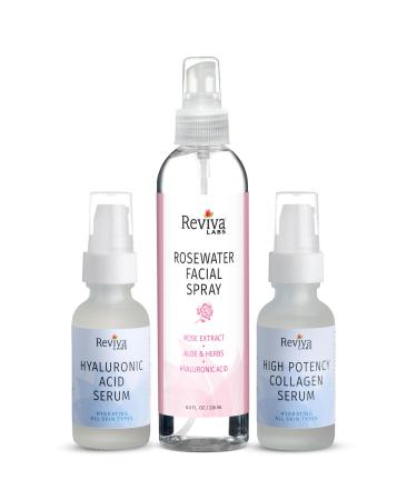 Reviva Labs Ultimate Hydration Trio 3-Piece Hydrating Skincare for Dry Skin featuring Rosewater Facial Spray Hyaluronic Acid Serum and Collagen Serum for Face Winter Skincare Gift Set for Women