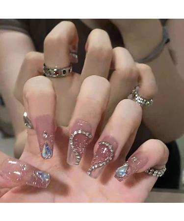 24Pcs/Set Press On Nails Glass Love Water Drop Diamond Chain Long False Nails Acrylic Fake Nails Full Cover Nails Tips Artificial Finger Manicure Press on nails for Women and Girls