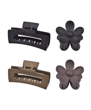 4pcs Hair Claw Clips Matte Flower Hair Clips for Women Girls Plastic Nonslip Large Square Claw Clips for Thick Hair & Thin Hair 90s accessories Strong Hold Claw Clips Variety Pack (Black Brown)