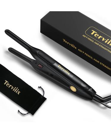 Terviiix Pencil Flat Iron for Edges, Small Flat Irons for Short Hair, 3/10 Inch Small Hair Straightener for Men, Ceramic Mini Flat Iron for Pixie & Beard, 15s Fast Heat up, Dual Voltage, Auto Shut Off Black