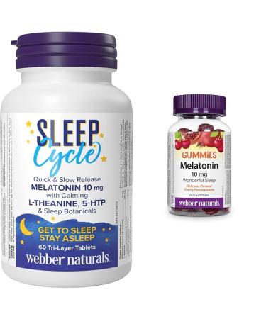 Webber Naturals Sleep Cycle Melatonin with L-Theanine 5-HTP & Sleep Botanicals & Melatonin 10 mg Maximum Strength Gummy 60 Gummies Cherry Pomegranate Flavour For Sleep Support Vegan Nutritional Supplement+ Gummy