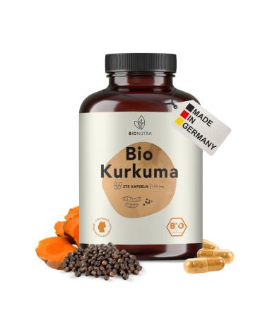 BIOONUTRA Organic Turmeric | 270 Capsules of 750 mg | Organic Farming | Enriched with Black Pepper | Vegan | Optimized Formula | Curcumin + Piperine | No Additives | Made in Germany