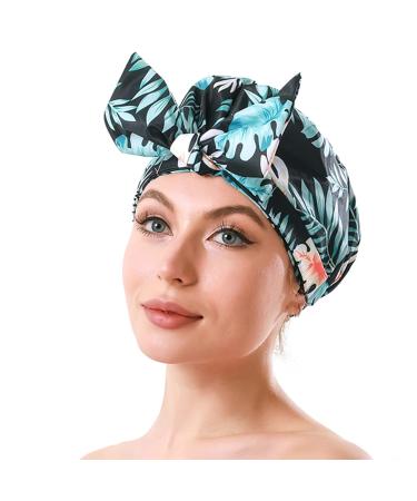 iSPECIAL Shower Cap for Women Long Hair Reusable  Adjustable Shower Caps & Luxury Waterproof Bathing Hair Cap for Women  Elegant Double Layer Shower Caps L Blue Palm Leaves