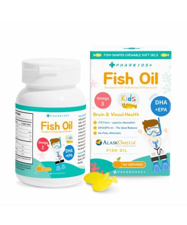 PHARGOODS+ Kids' Fish Oil 272mg Omega-3 DHA & EPA for Brain Vision & Immune Support Orange Flavor Fish-Shaped Soft Gels 60 Servings