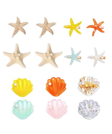 14 pcs Starfish Hair Clip Set  BOSOIRSOU Natural Starfish Hairpin Shell Pearl Acrylic Resin Alligator Hair Clips Metal Sea Star Beach Hair Pins Lady Girls Headwear Accessories