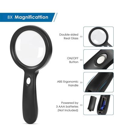 8X Handheld Magnifying Glass Optical Lens Glass Magnifier with 2 LED Lights for Reading Repair Coin Stamp Collection Microscope - Buy Online on GoSupps.com