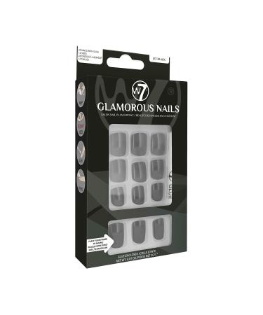 W7 Glamorous Nails - Salon Professional False Nails At Home - Glue Adhesive Included - Square Oval Shape - Jet Black