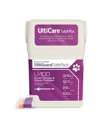 UltiCare VetRx U-100 UltiGuard Safe Pack Pet Insulin Syringes 3/10cc, 29G x 1/2, 100ct 29G Whole Unit UltiGuard Safe Pack