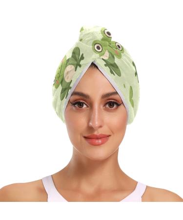 Cute Green Frogs Hair Towel 2 Pack Super Absorbent Hair Drying Towel Quick Dry Hair Turbans Head Towel with Button Twisty Wrap for Women Girls