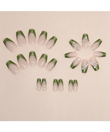 Medium Length French Tip Press-On Nails with 3D Rhinestones - Butterfly Design - Green Acrylic Full Cover Nails for Women - Glue-On Stick-Ons - Buy Online on GoSupps.com