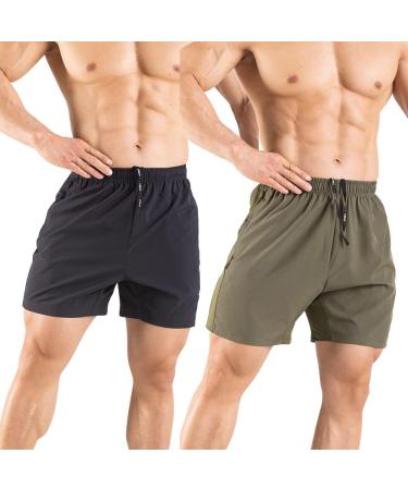 Gaglg Men's 5 Running Shorts 2 Pack - Quick Dry Athletic Gym Shorts with Zipper Pockets - Medium Black/Green - Buy Online on GoSupps.com