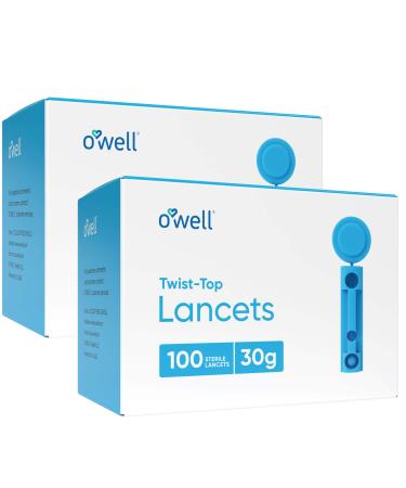 O'WELL Twist Top Lancets, 30 Gauge | for Blood Glucose & Keto Testing | 2 Boxes of 100 Sterile Lancets