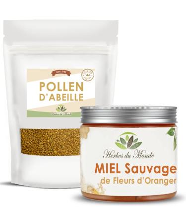 Herbes du Monde - DUO d Apiculture: Pollen d'Abeilles BIO & Miel Sauvage Fleur d'Oranger 250g - Soutien Immunitaire & nerg tique Puret Nutritionnelle Bienfaits Naturels Ruche - 1 sachet et 1 pot