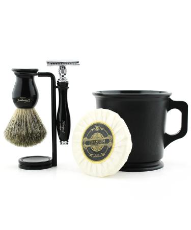 Haryali London Shaving Kit 5 Pc Shaving Kit Double Edge Safety Razor - Badger Hair Shaving Brush Shaving Soap Shaving Mug Shaving Stand Black Color Shaving Set as Gift Black (Double Edge)