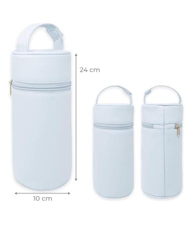 Duffi Baby Bottle Holder - Insulated Synthetic Leather Thermal Bag for Warm & Cold Bottles - Easy Clean Zip & Handle - Blue Circles Design - Buy Online on GoSupps.com