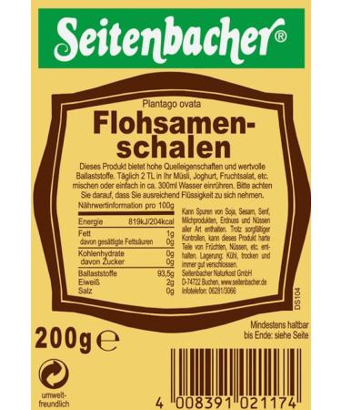 Seitenbacher Psyllium husks I Plantago ovata I Pure I Intestinal Cure I Weight Management I Diet I Egg Substitute I (1 x 200g) - Buy Online on GoSupps.com