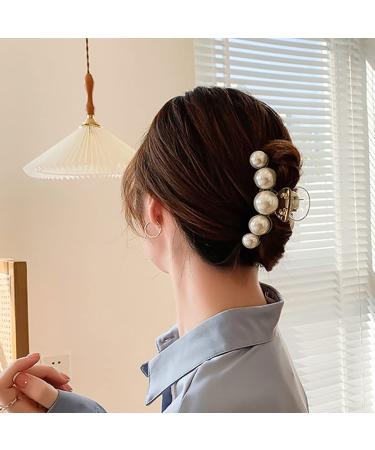 Elegant Geometric Pearl Hair Claw for Women and Girls | Non-Slip White Acetate Hair Clip for Thick and Thin Hair | Rhinestone Detailing - Buy Online on GoSupps.com